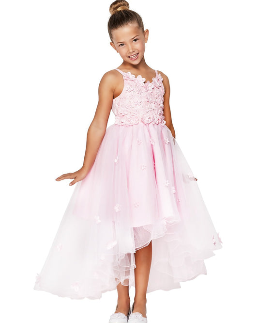Young girl wearing a pink floral dress on a white background