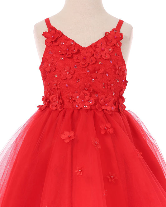 Red dress with floral embellishments on a mannequin against a white background