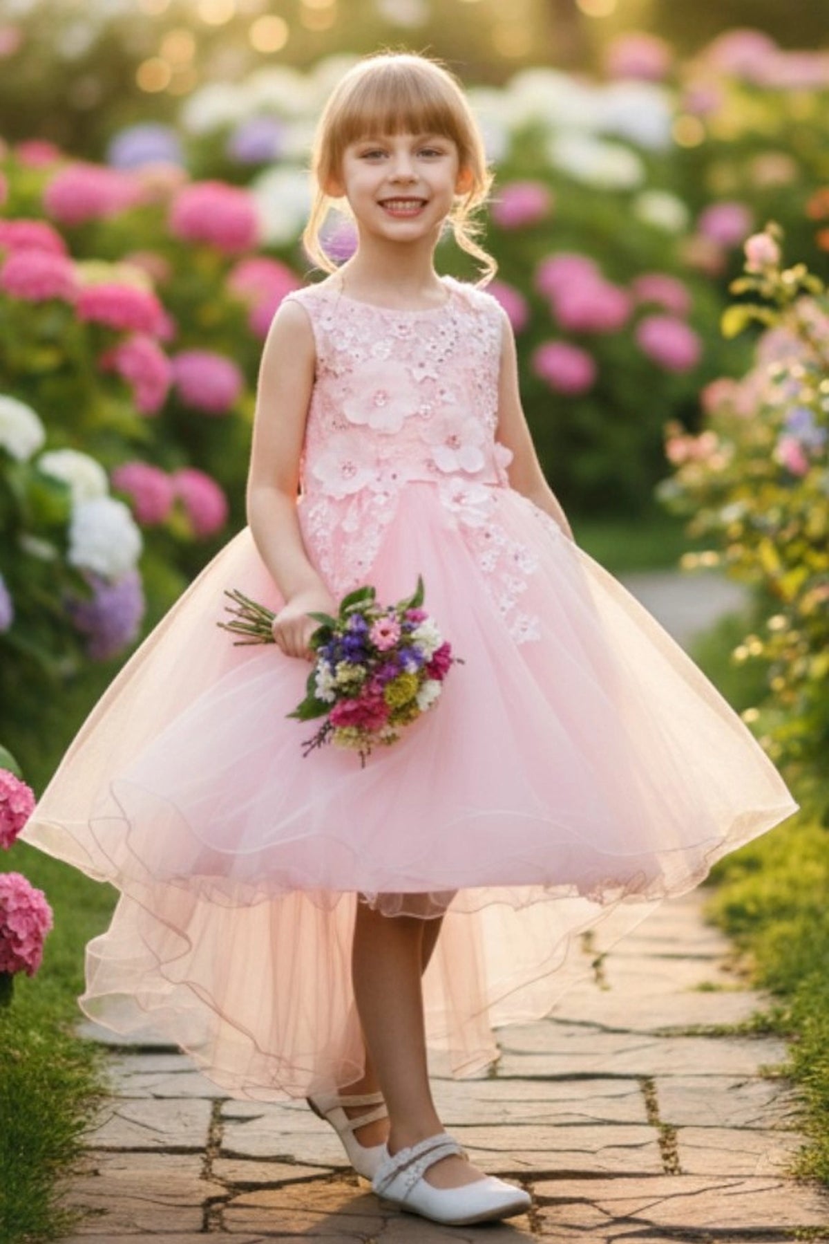 Blush flower girl dress features raised flowers on the bodice and high-low skirt.