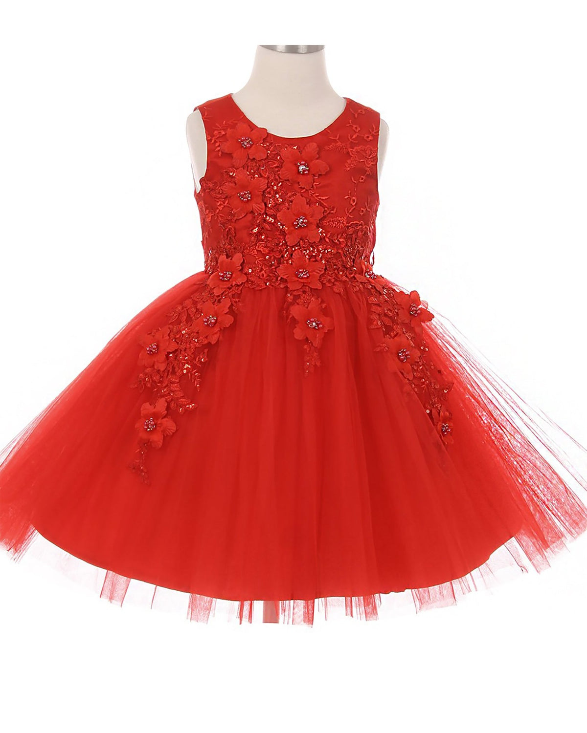Red flower girl dress with floral embellishments.