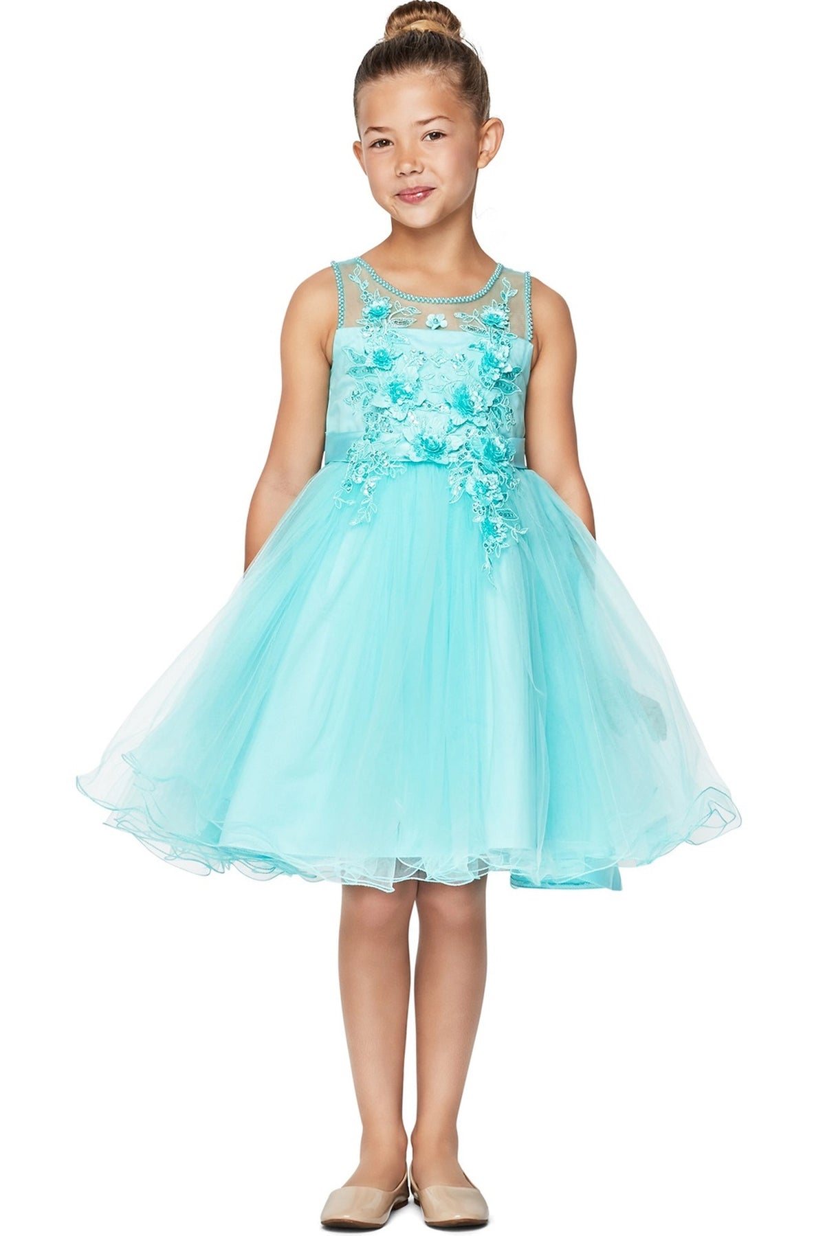 Aqua flower girl dress features floral bodice above a flared tulle skirt.