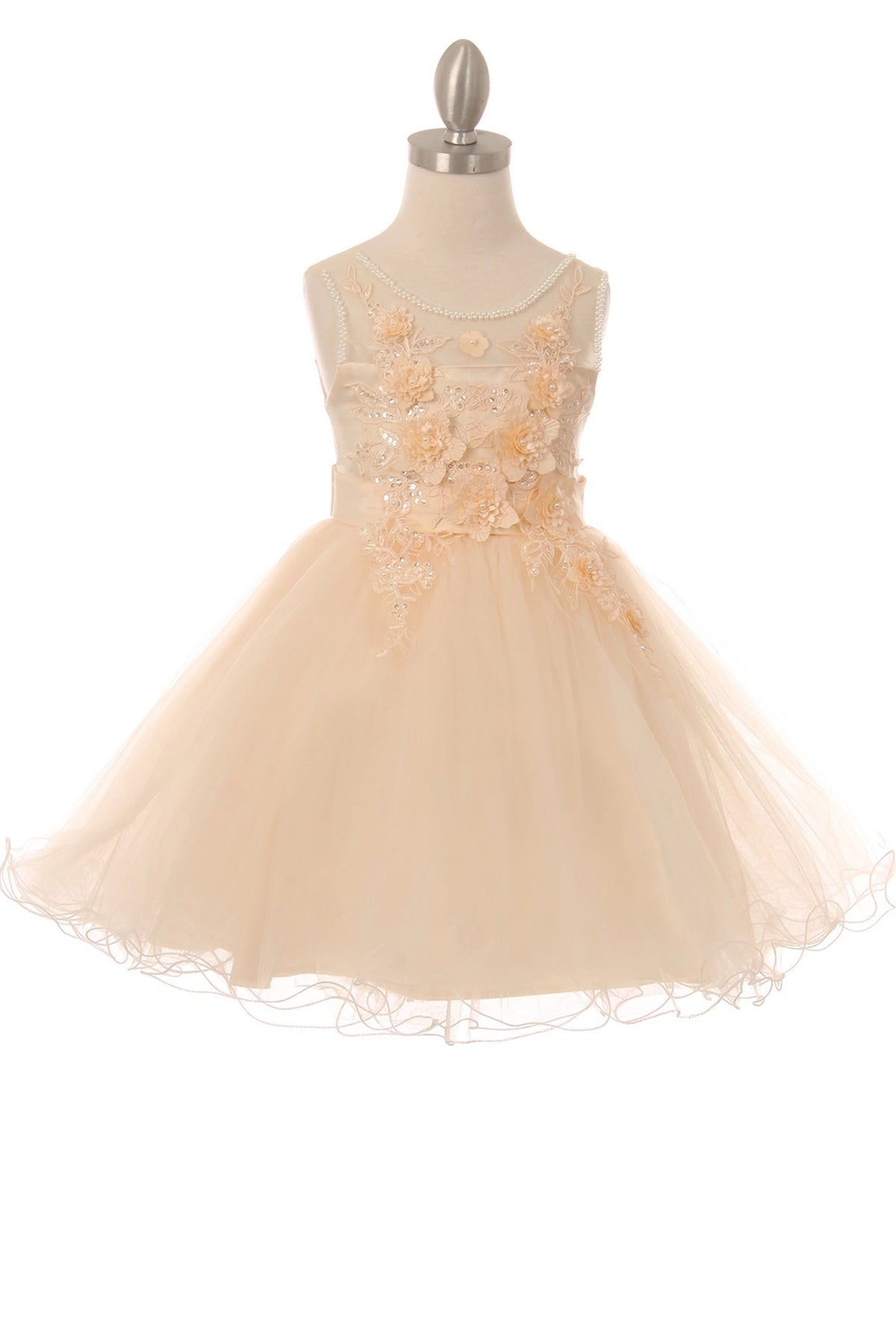 Champagne flower girl dress features flower appliques above a layered tulle skirt.