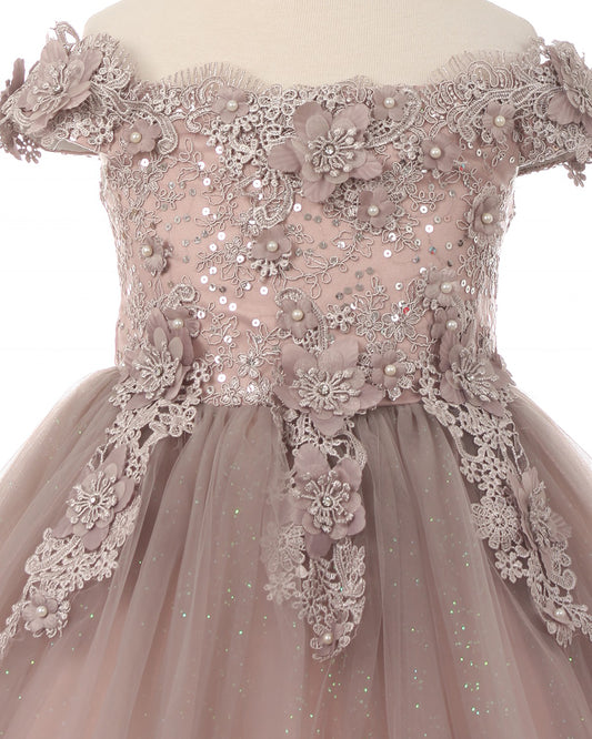 Mauve off-shoulder dress with floral and lace details on a mannequin.