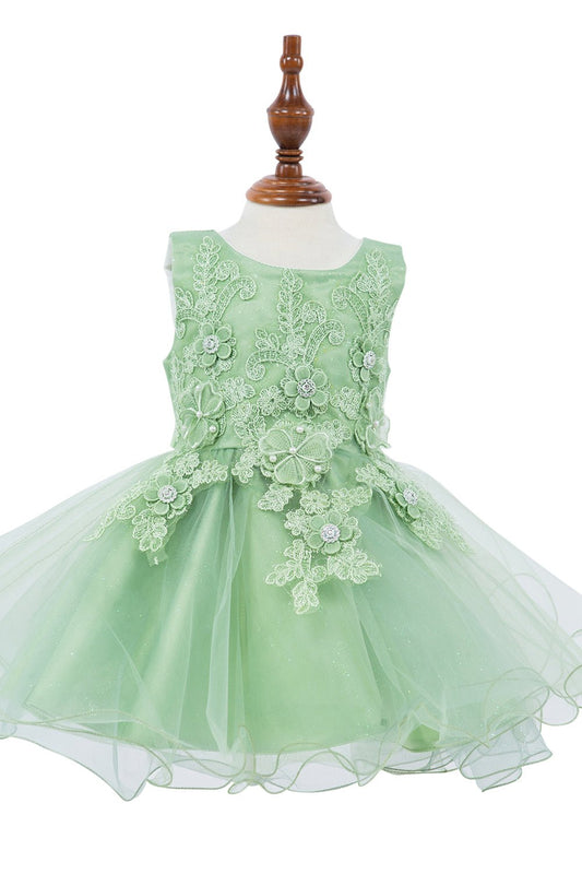 Sage flower girl dress front view with cap sleeves and layered tulle skirt