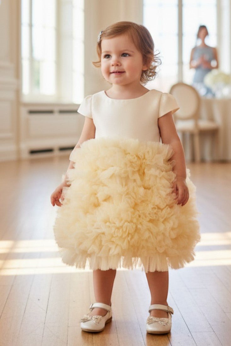 Exquisite Champagne Flower Girl Dress with Cap Sleeves & Tulle Skirt 18M / Champagne
