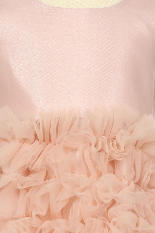 Close-up front view of dusty rose dress showing bodice detail and soft tulle texture