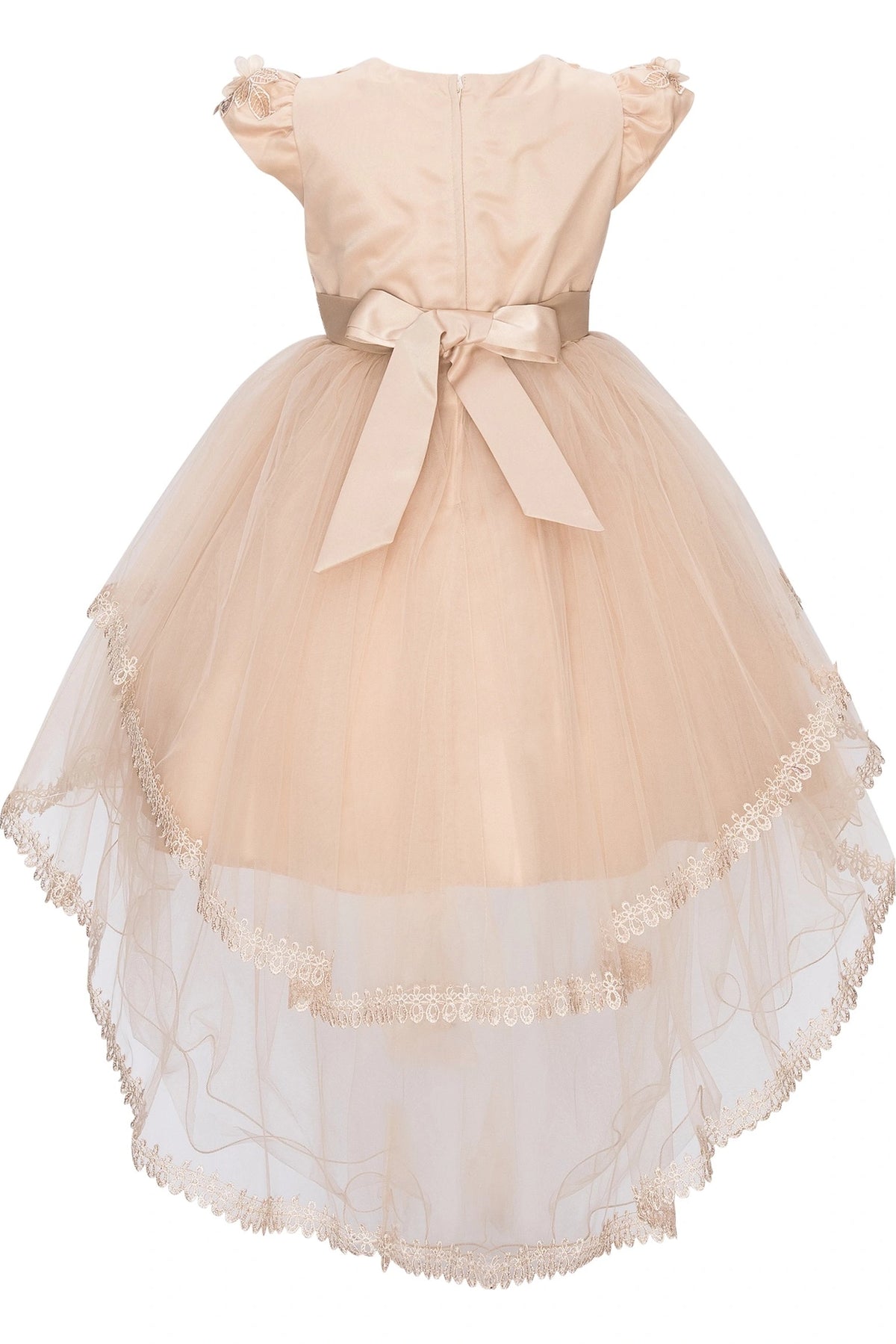 Notice the back sash bow and scalloped high-low hem on this Taupe flower girl dress.