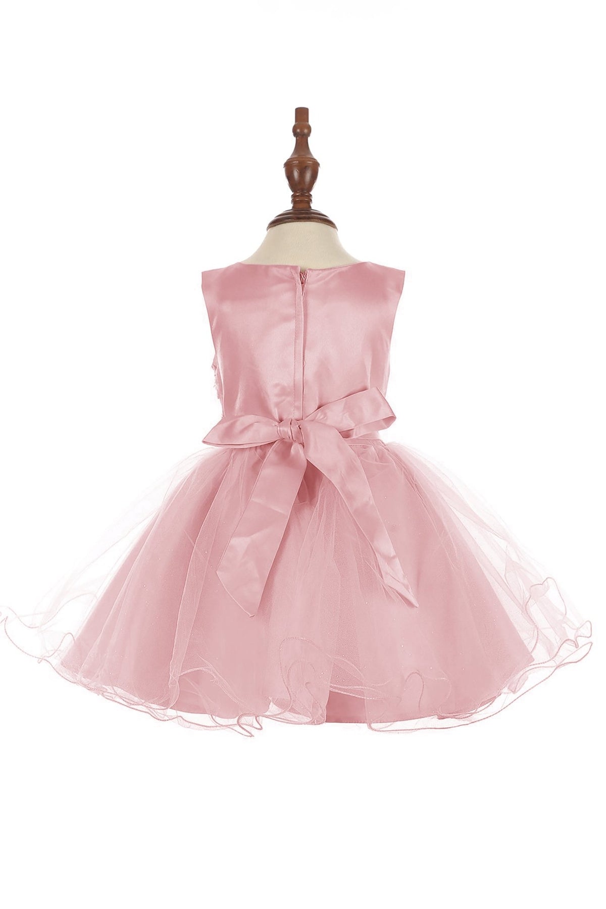 Front view of Dusty Rose Baby 3D Floral Lace Tulle flower girl dress.