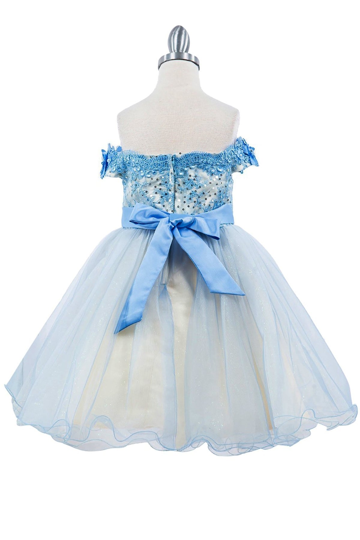 Back view of Blue Off-shoulder Two-tone Lace Adorned with 3D Floral flower girl dress.