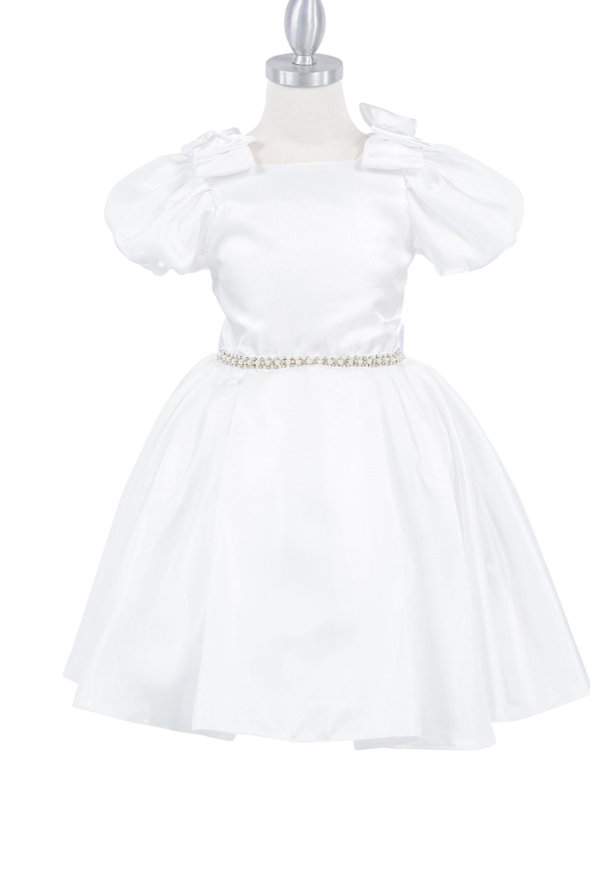 Ivory flower girl dress features puff sleeves above a flared satin skirt.