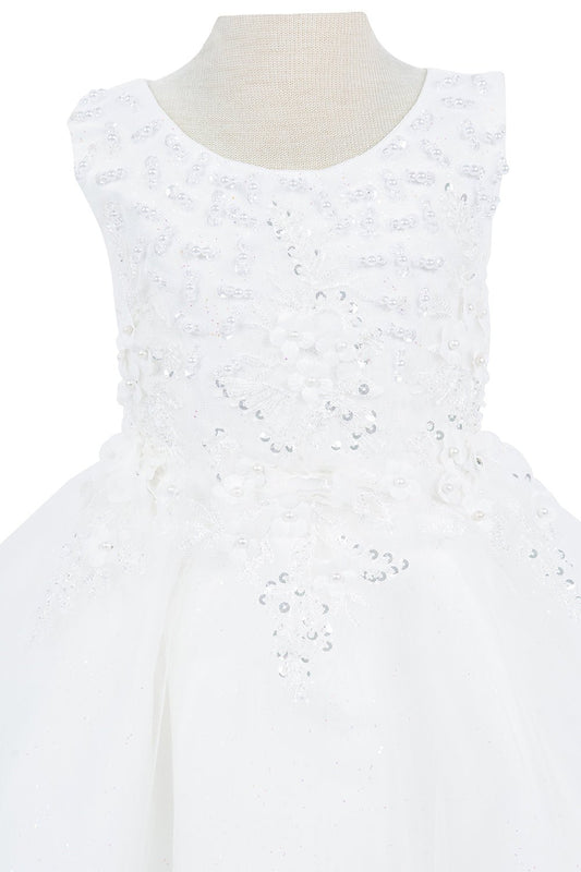 Close-up front view of white dress showing beadwork and floral embroidery detail