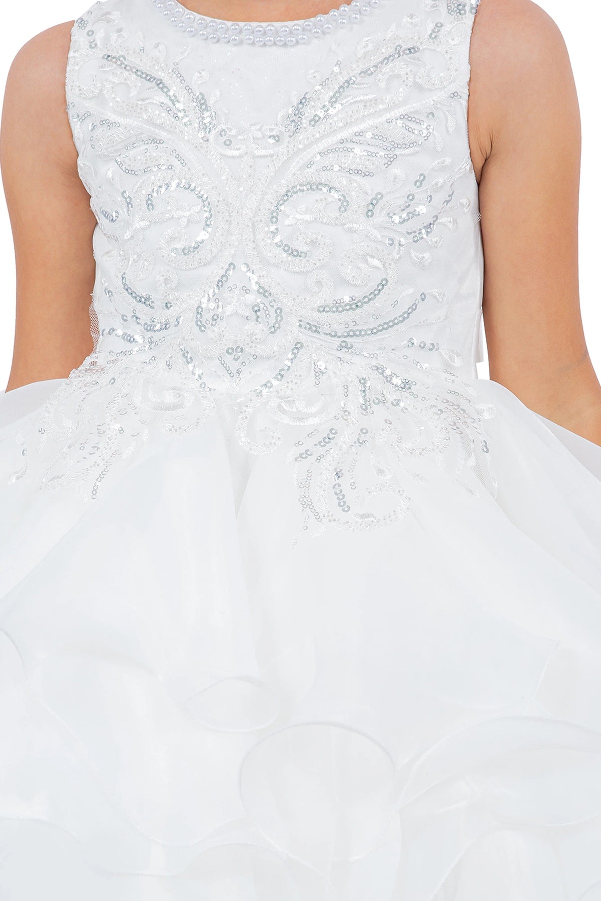 Visible on this Off-White flower girl dress: curved embroidery and beadwork on the bodice.