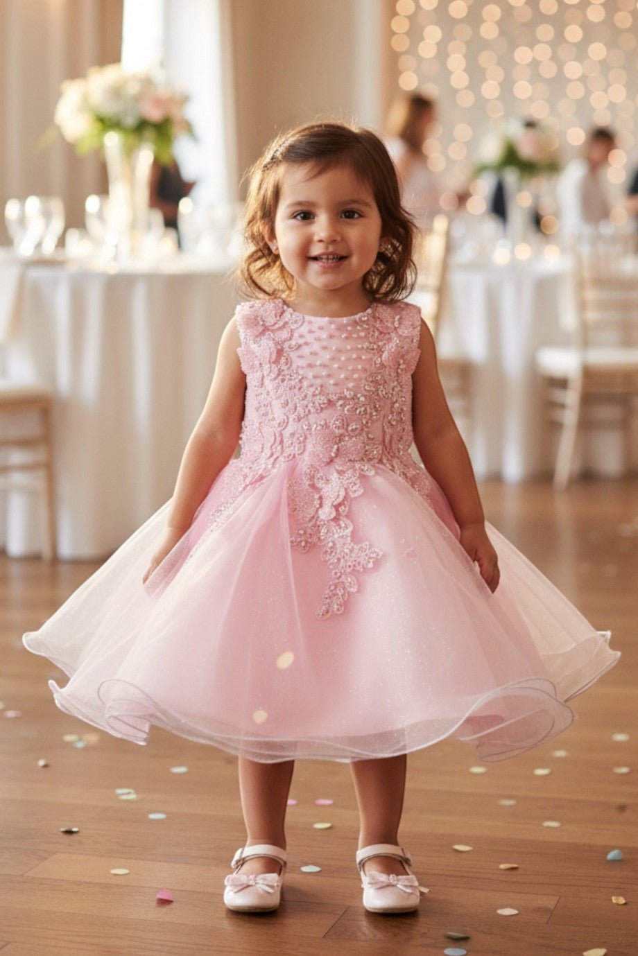 Pink flower girl Dress Front View With Layered Skirt And Oversized Bow Detail.