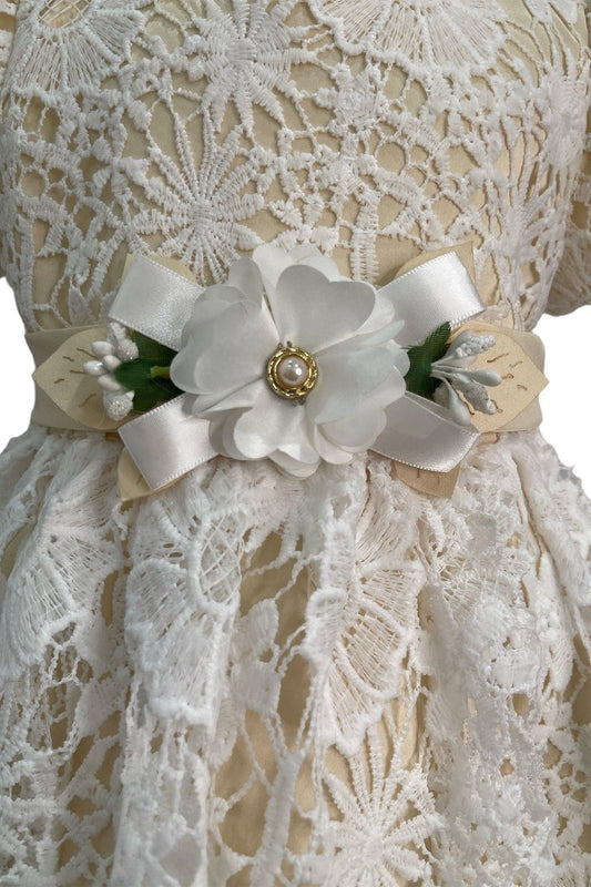 Close-up front view of champagne dress showing shimmering fabric and bow accent