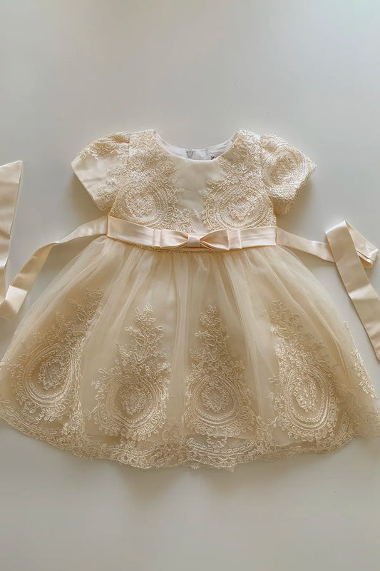 champagne lace dress with ribbon details and cap sleeves on a light background