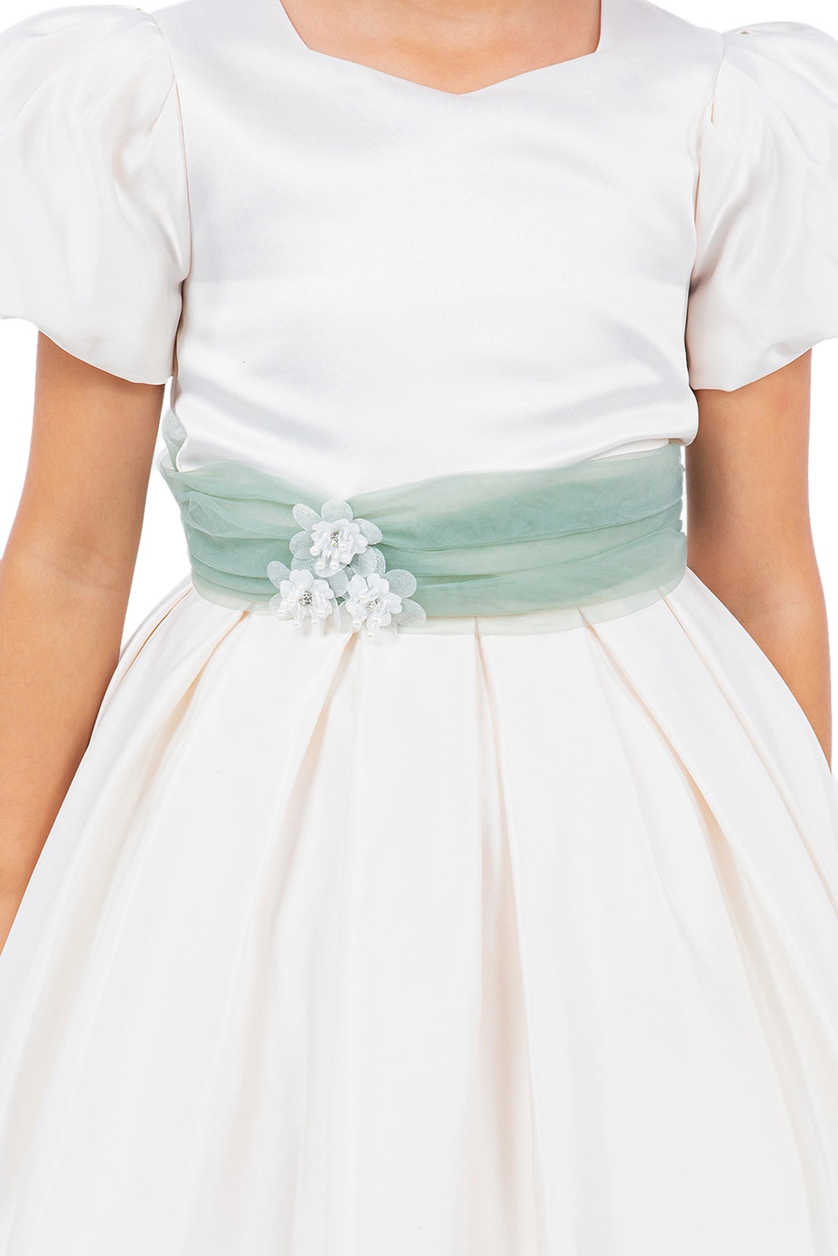 Visible on this Ivory flower girl dress: small fabric flowers beside the waist sash.