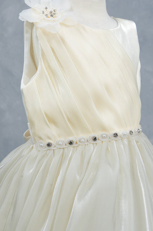 Close-up front view of ivory dress showing beadwork floral applique and pearl waist