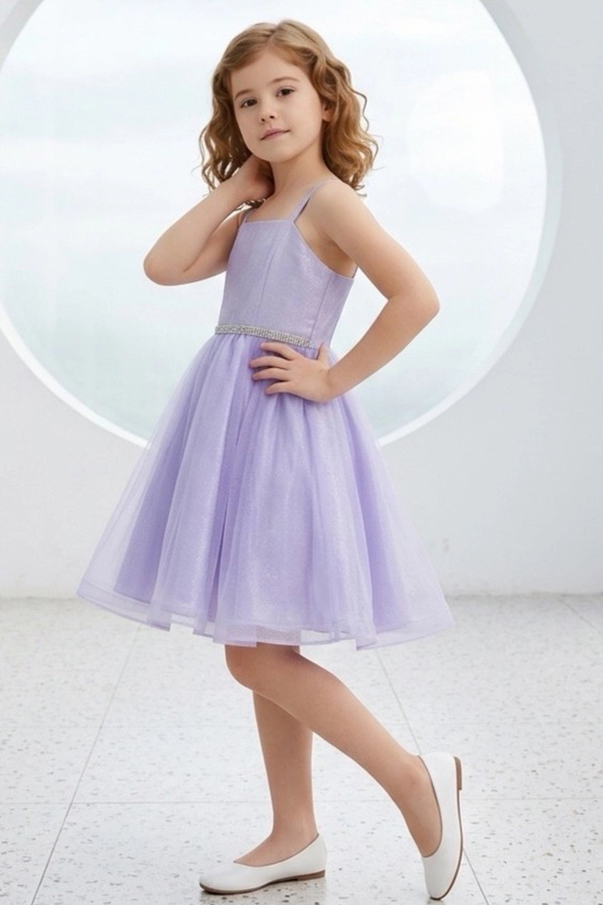 Visible on this Lilac flower girl dress: beaded waistband above a flared tulle skirt.