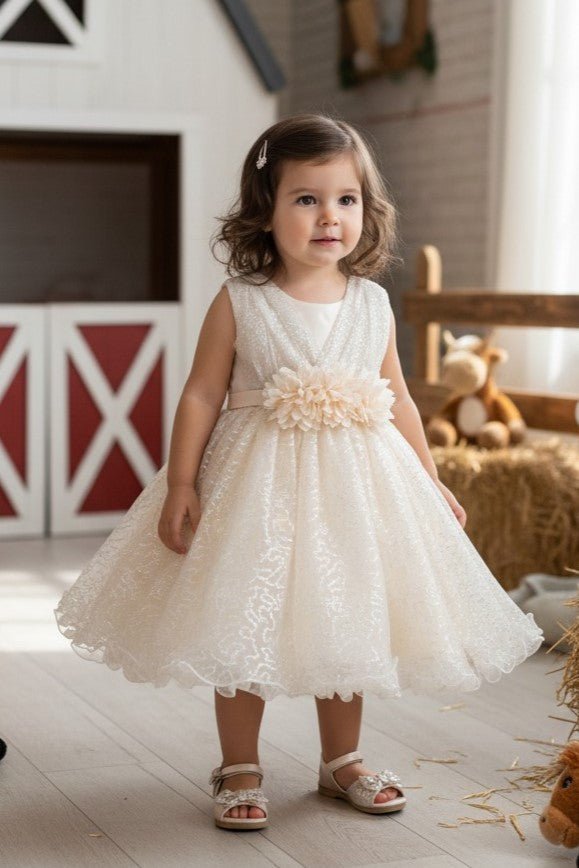 Champagne Flower Girl Dress w/ Oversized Bow & Layered Skirt 12M / Champagne