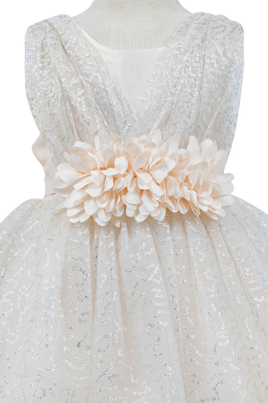 Close-up front view of champagne dress showing shimmering fabric and bow accent