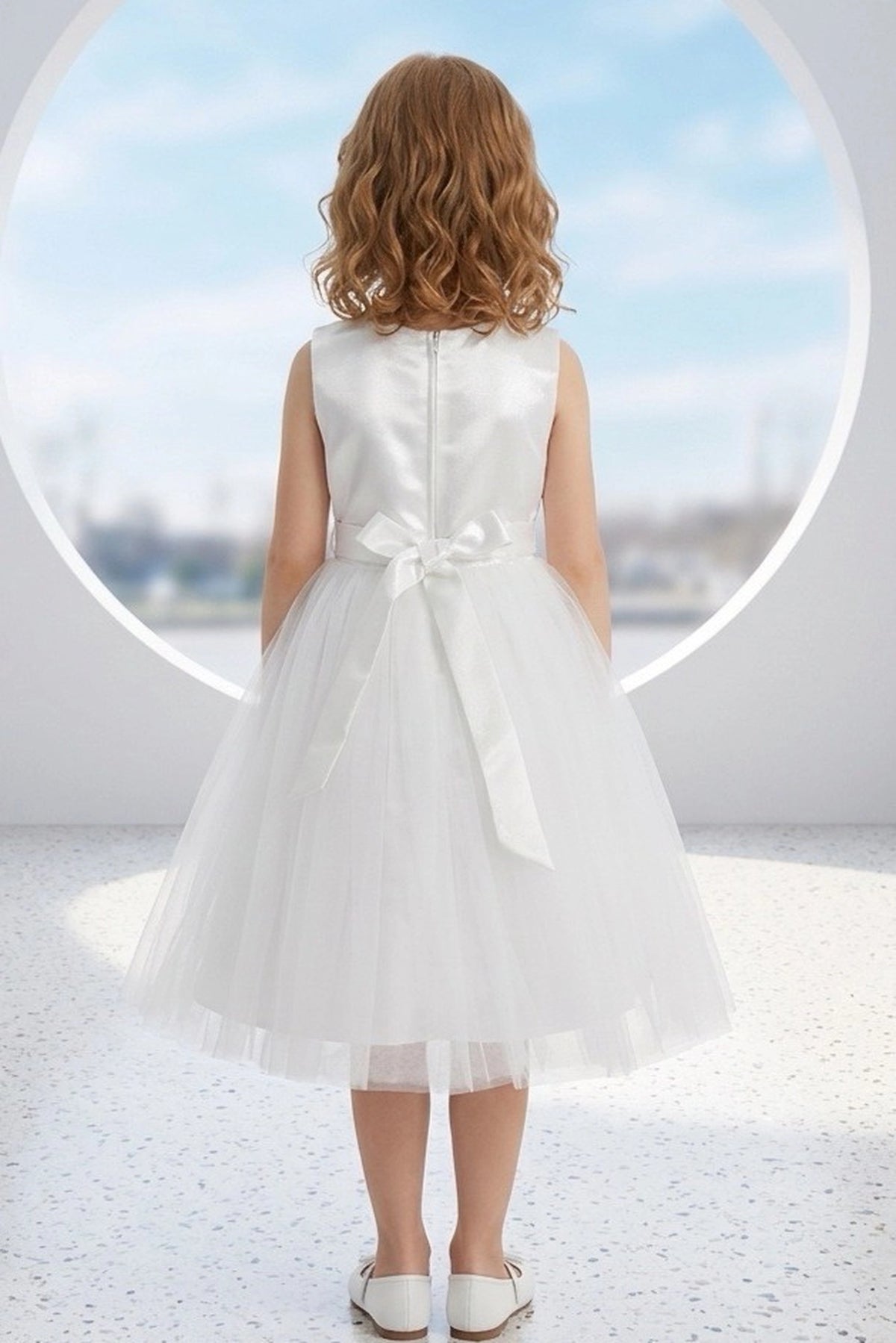 A White flower girl dress showing satin bow beneath the back zipper.