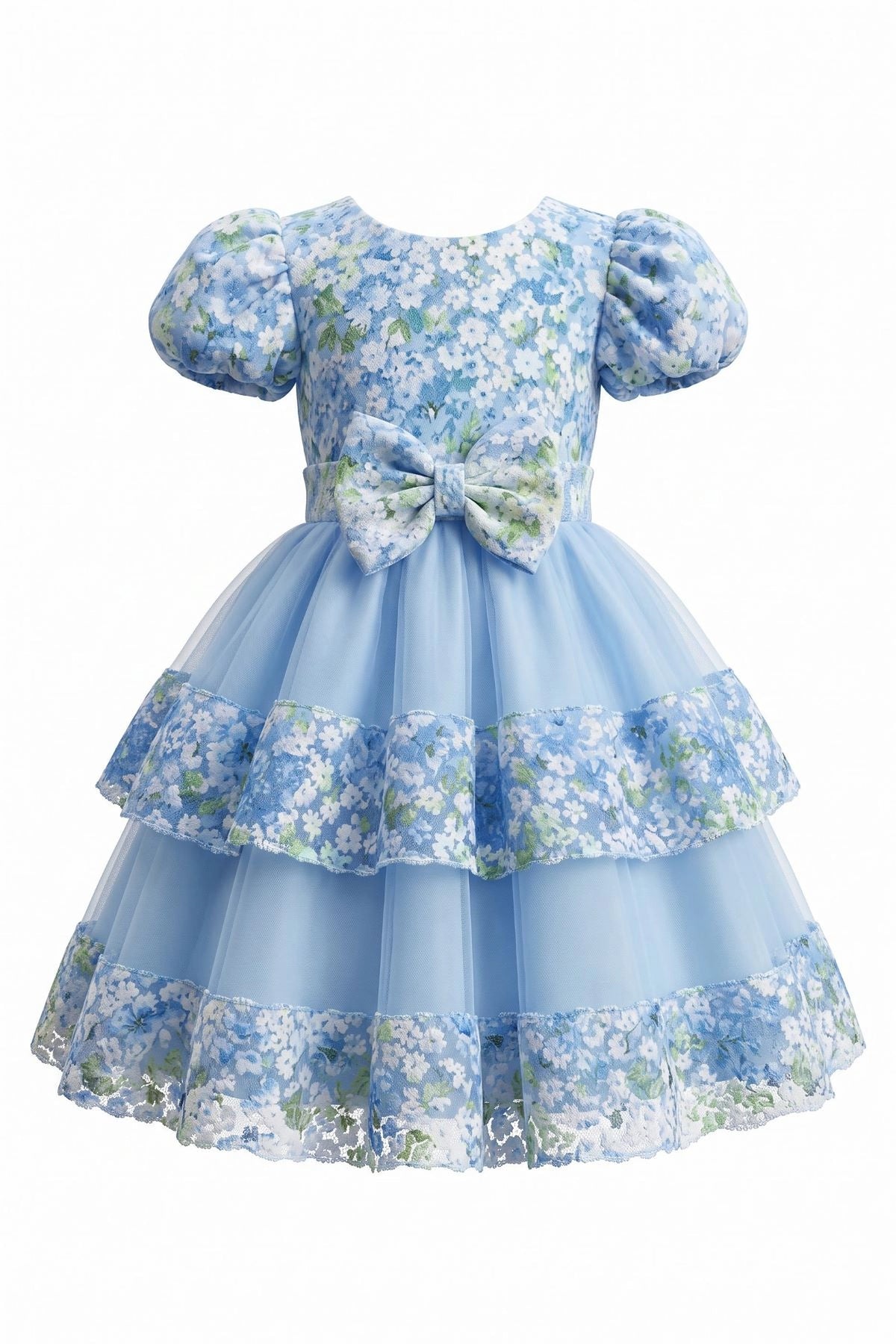 Layered shaping highlights floral trim along the skirt tiers on the Blue kids dress.