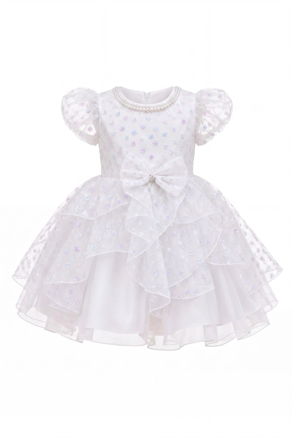 Layered shaping highlights a pearl-trimmed neckline on the Off-White kids dress.