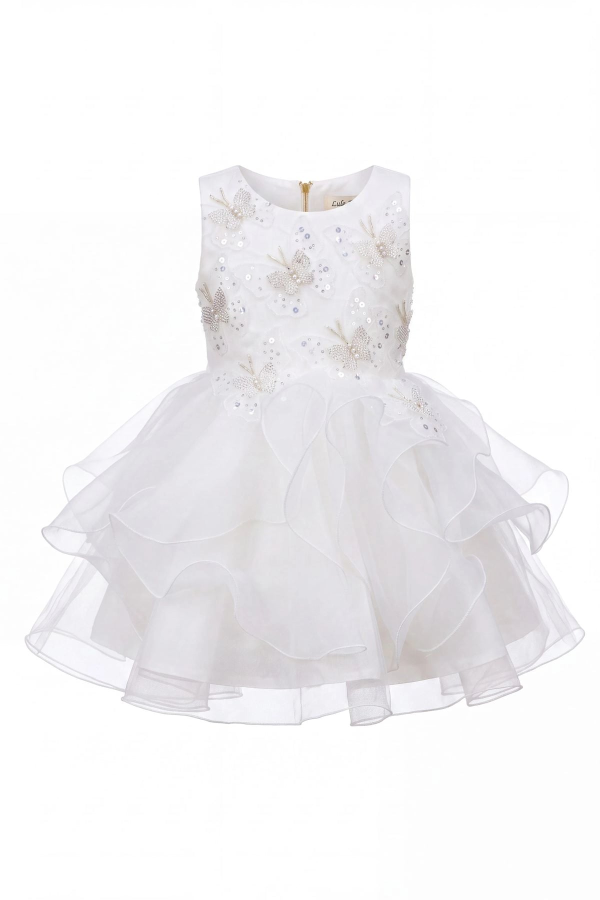 Layered shaping highlights raised butterfly appliques on the Off-White kids dress.