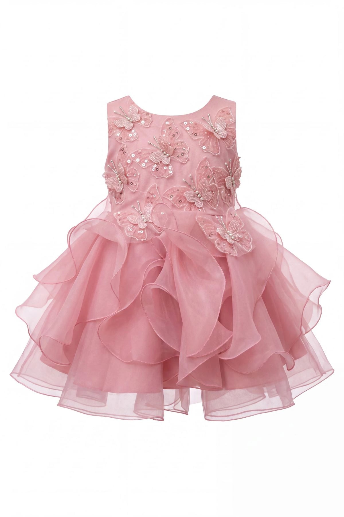 Layered shaping highlights raised butterfly appliques on the Rose kids dress.
