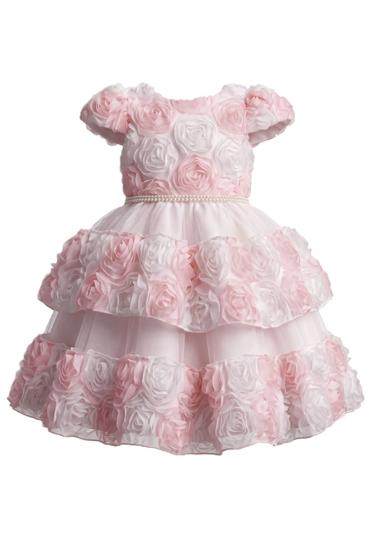 Layered shaping highlights rosette flowers across the skirt tiers on the Pink kids dress.