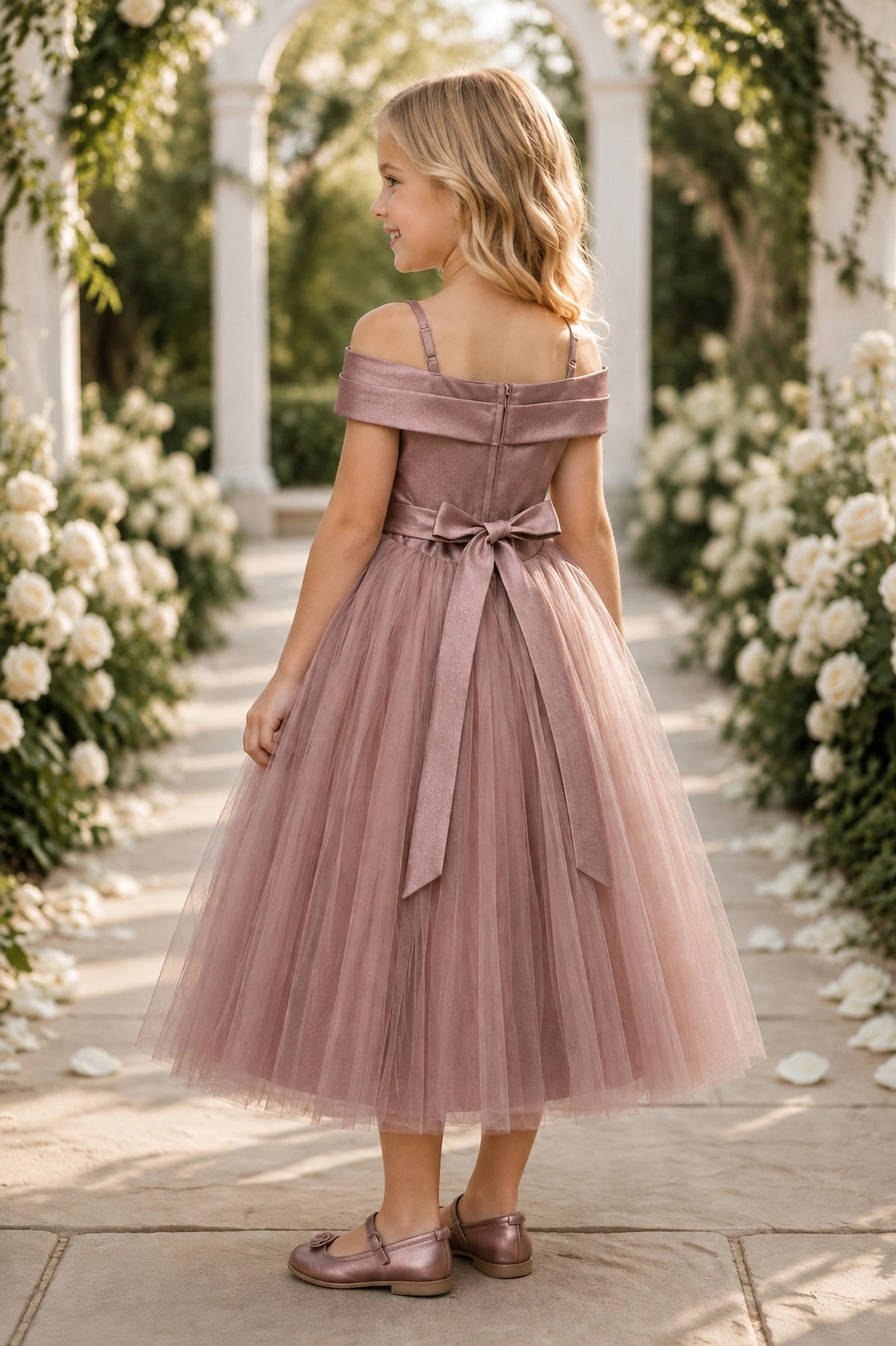Tied at the back, the Dusty Rose kids dress features a large bow.