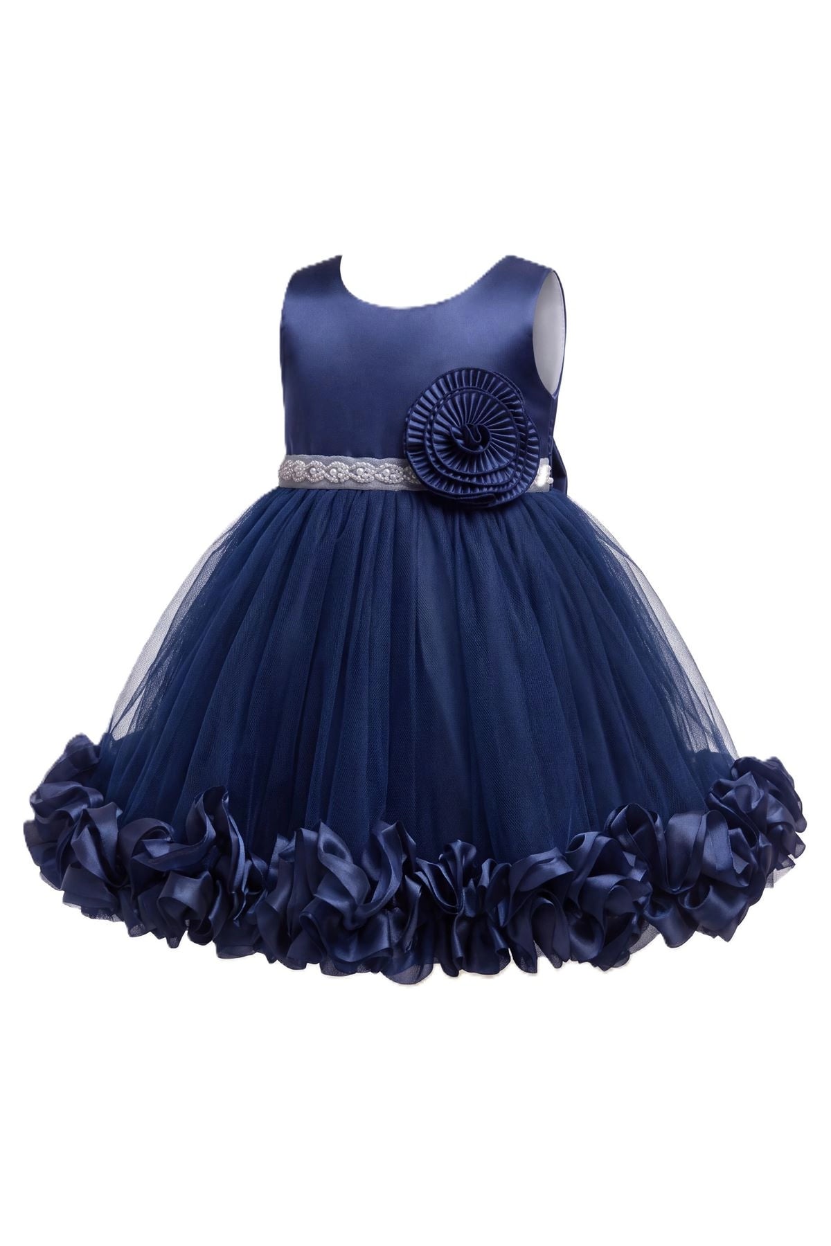 Layered shaping highlights rosette trim along the hem on the Navy kids dress.