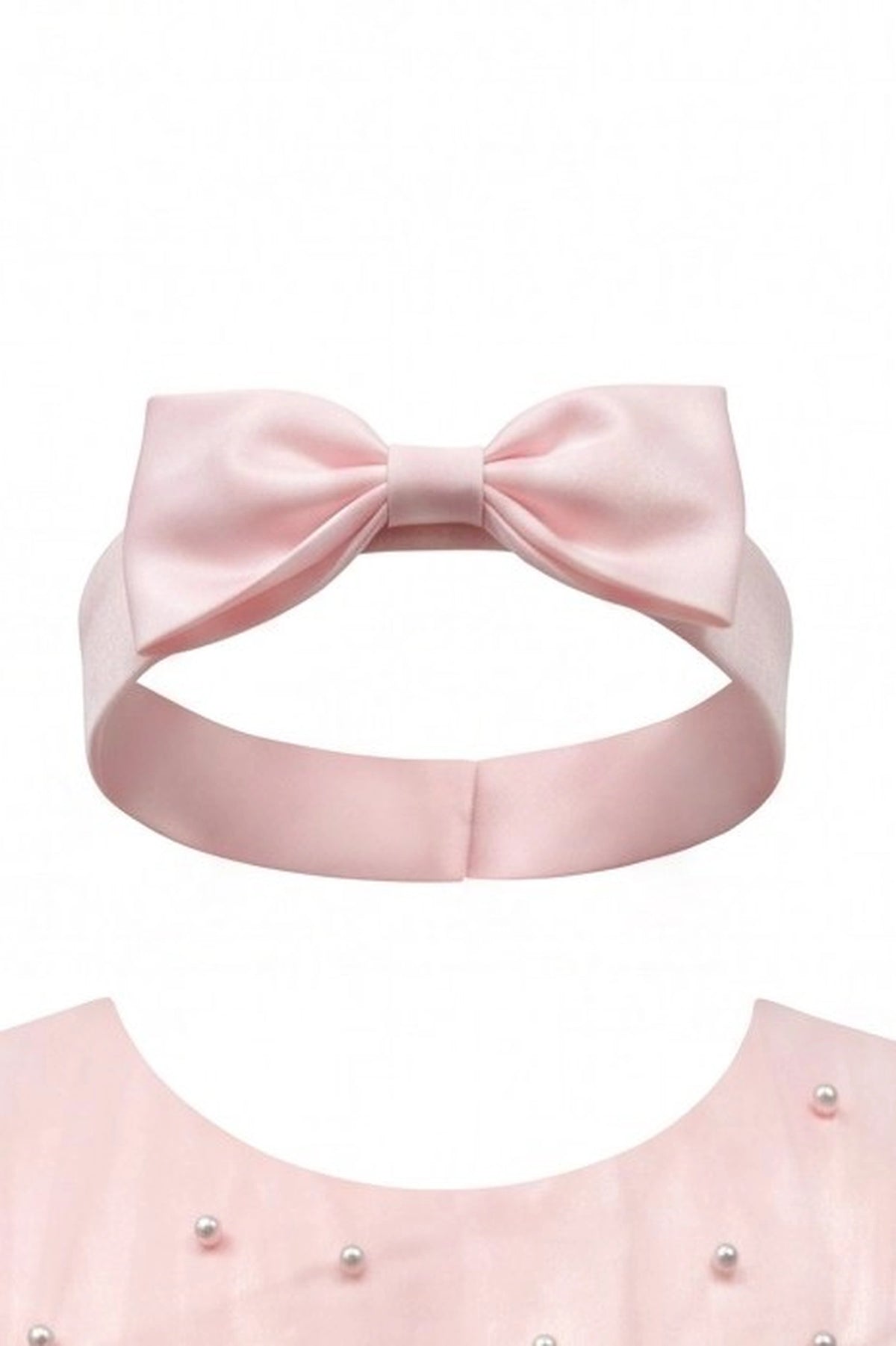 Matching bow headband accompanies the Pink kids dress with pearl accents across the bodice.