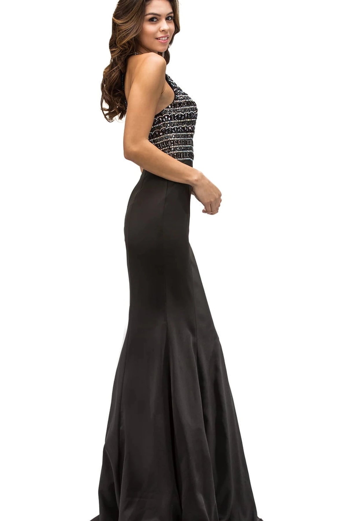Featuring a floor-length skirt, this Black prom dress is shown in full view.