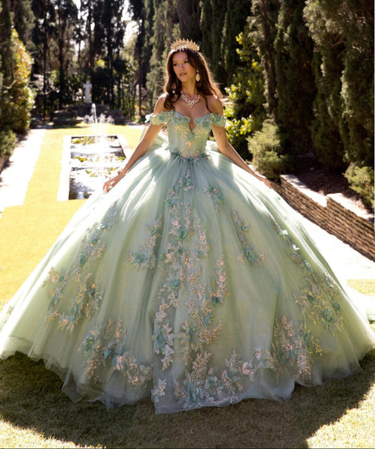 Quinceanera | Ethereal Sage Gown with 3D Flowers and Glitter Tulle | Adilene dress