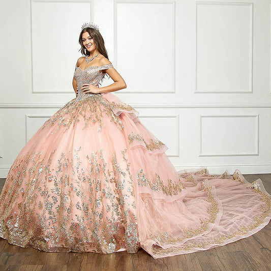 Rose Gold Detachable Train With Stones and Gems See-through Bodice Quince Ball Gown side view