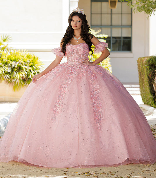 Quinceanera | Blush Sweetheart Strapless Neckline with Bodice Corset with Detachable Puffy Ruffle Sleeves BallGown | Adela dress | 2 Colors Available whole front view