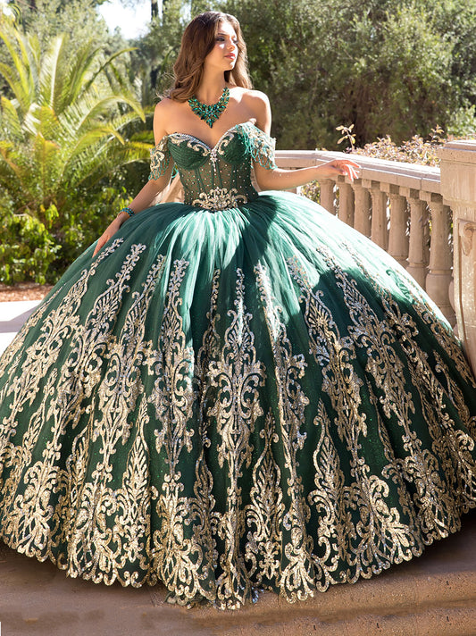 Quinceanera | Hunter Green Embroidered Bodice Gems, Rhinestones Sweetheart Neckline with Detachable Long Sleeves Ballgown | Luz dress | 3 Colors Available  front view