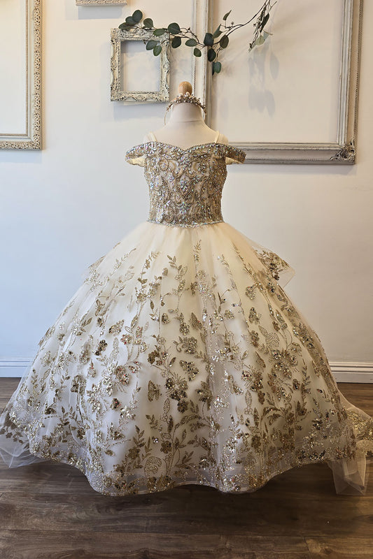 Ivory/Champagne Detachable Long Train with Stones and Gems Mini Quinceanera 3-Anos Dress Front View