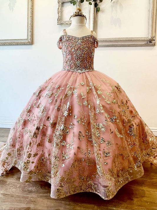 Rose Gold Detachable Long Train with Stones and Gems Mini Quinceanera 3-Anos Dress Front View
