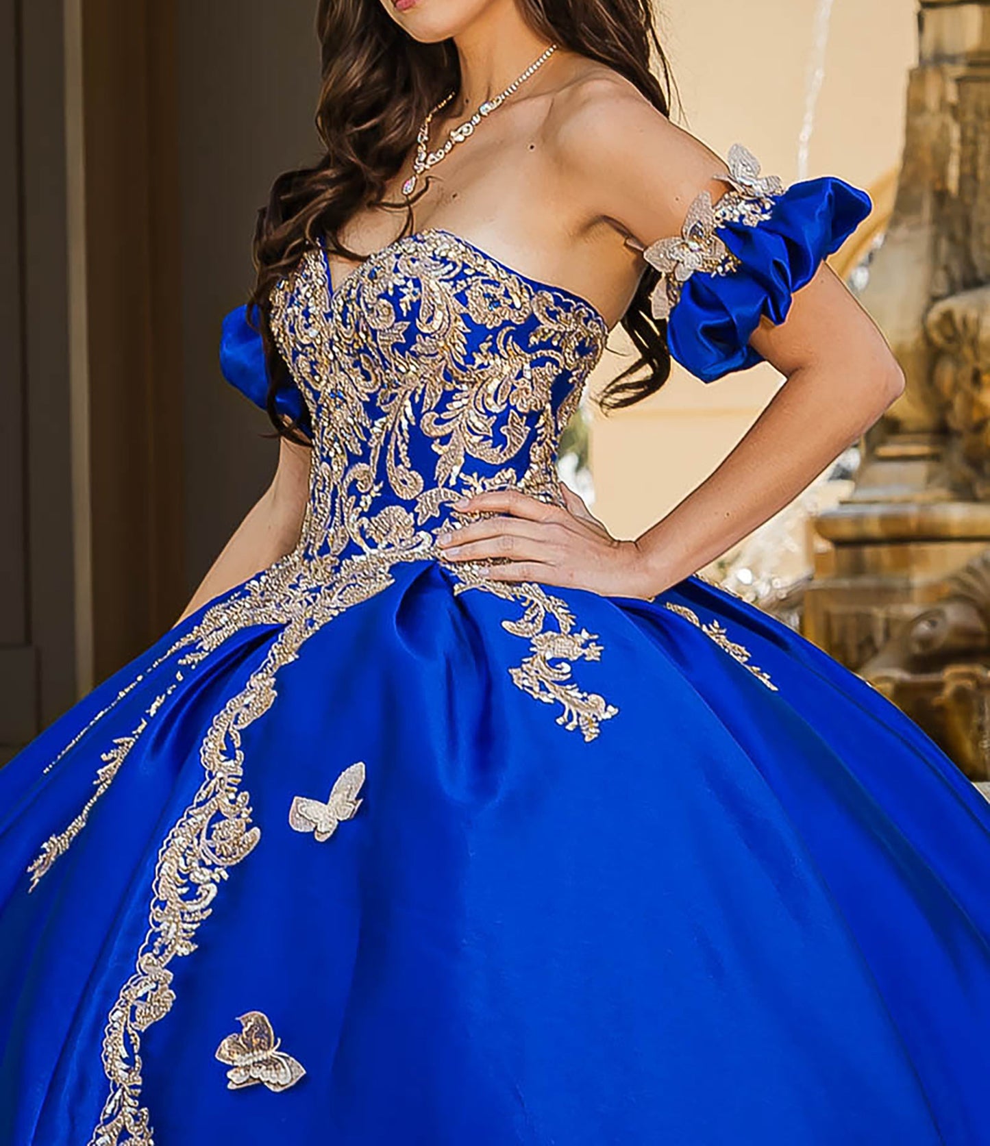 Royal Blue Gold Butterfly Accented Quince dress with Removable Pouf Arm Cuffs side zoom