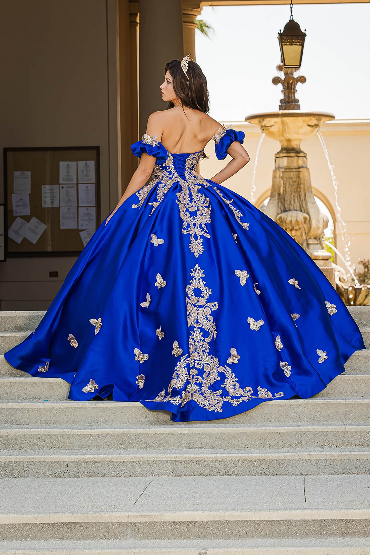 Royal Blue Gold Butterfly Accented Quince dress with Removable Pouf Arm Cuffs back view