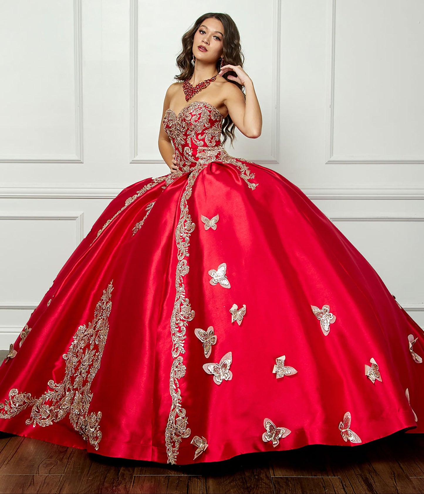 Red Gold Butterfly Accented Quince dress with Removable Pouf Arm Cuffs side view