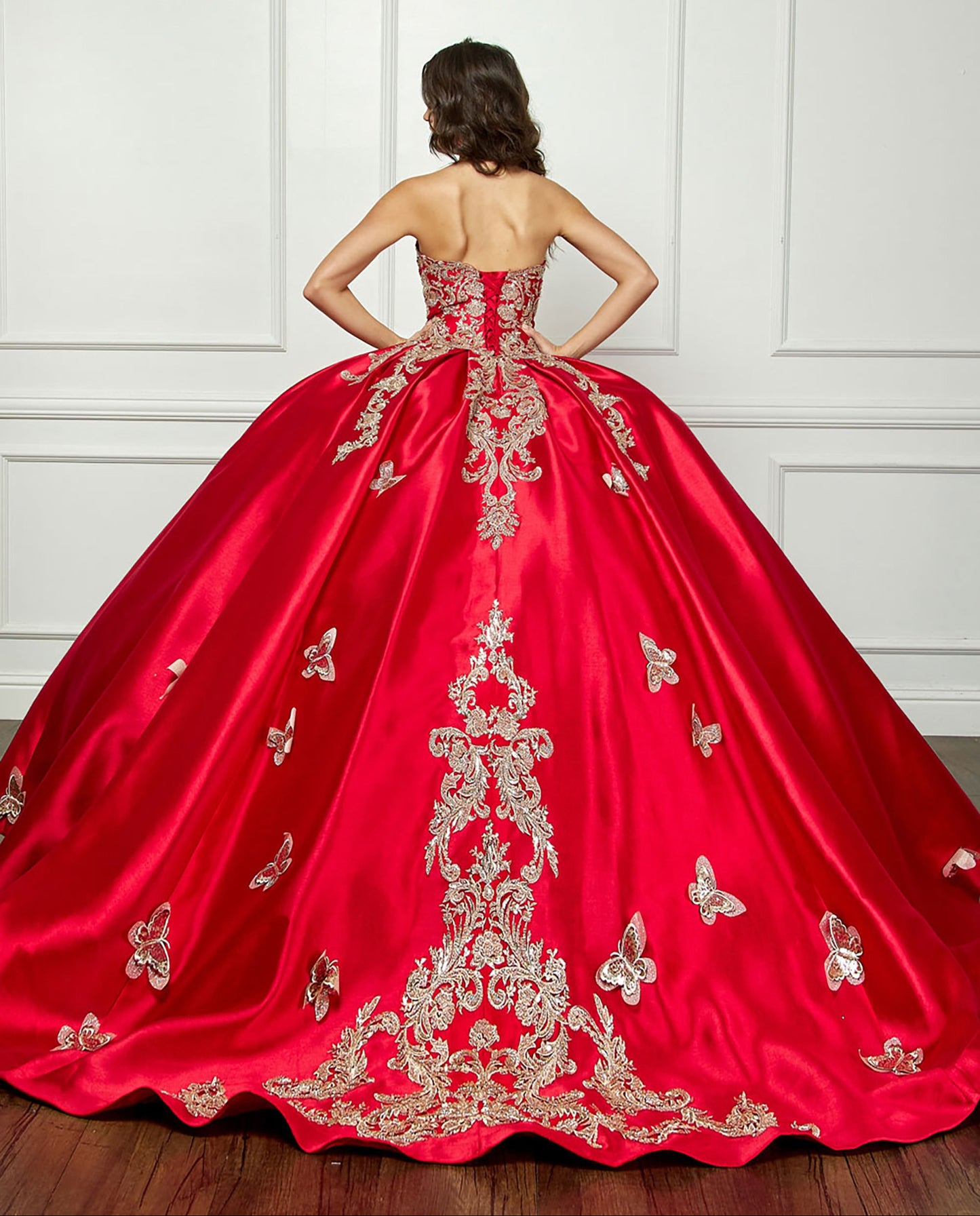 Red Gold Butterfly Accented Quince dress with Removable Pouf Arm Cuffs back view