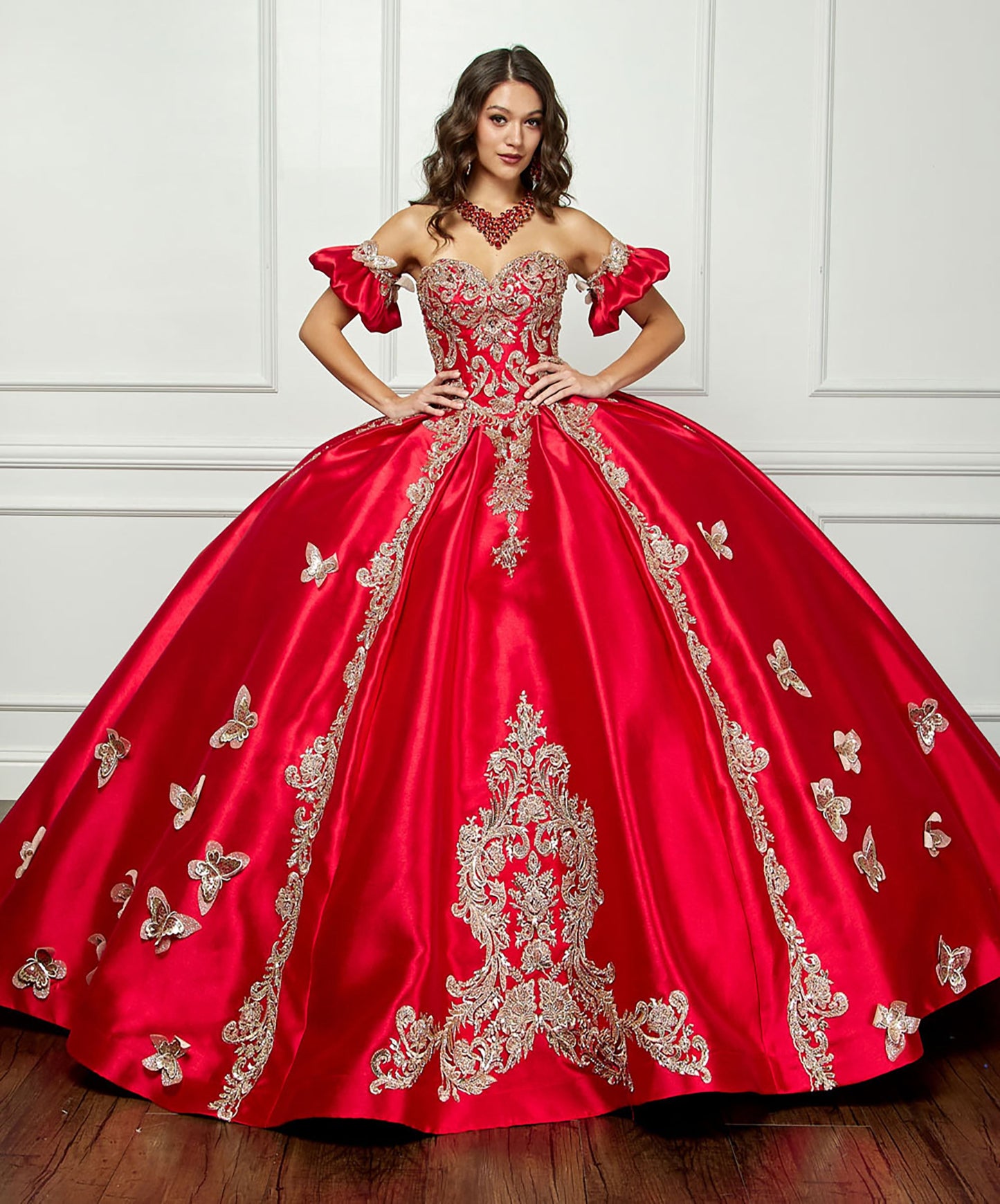 Red Gold Butterfly Accented Quince dress with Removable Pouf Arm Cuffs