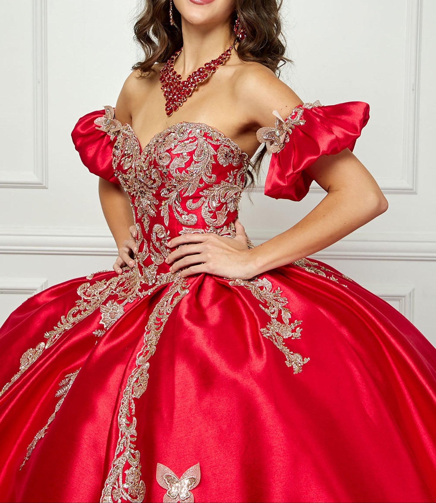 Red Gold Butterfly Accented Quince dress with Removable Pouf Arm Cuffs front zoom