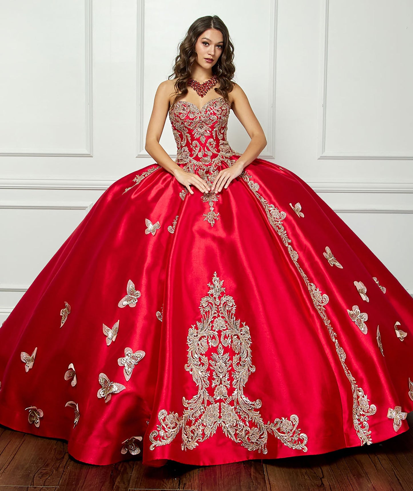 Red Gold Butterfly Accented Quince dress with Removable Pouf Arm Cuffs front without puffs
