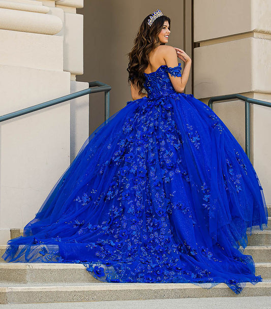 Blue Long Train Off-Shoulder Sequin detail 3D Flower and Butterflies bodice with Sparkle Tulle Quince Dress - back view of woman wearing dress standing on steps