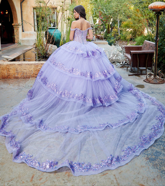 Lilac Detachable Train With Stones and Gems See-through Bodice Quince Ball Gown back view outdoor