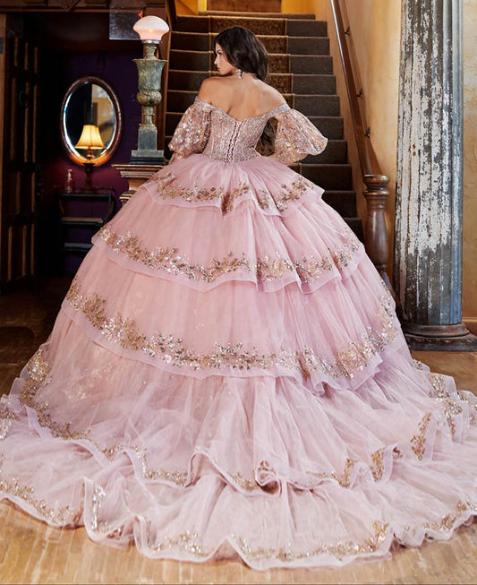 Rose Gold Detachable Train With Stones and Gems See-through Bodice Quince Ball Gown back with train